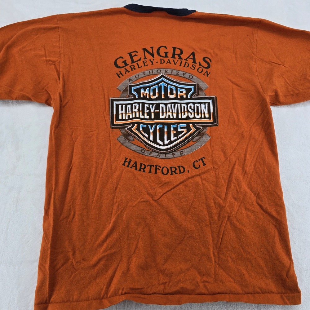 Harley-Davidson T-Shirt Mens Large Tee Orange Gengras Hartford CT Graphic 6865